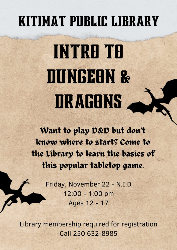 Intro to dungeons and dragons poster with date and time